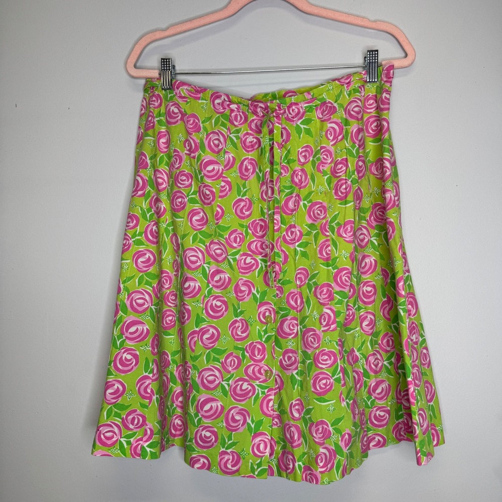 VTG Key West Womens Pink Green Floral Button Front A-Line Skirt Large Tie Waist